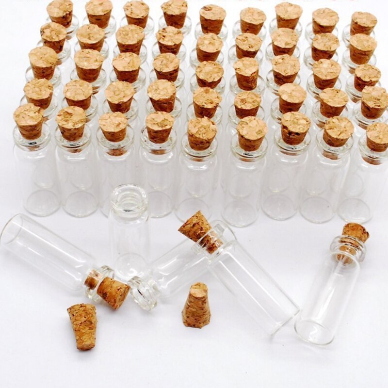 Botella de vidrio transparente pequeña, tapón de corcho, 1ml, 10 Uds.