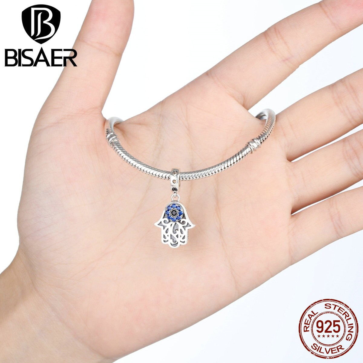 Bisaer 925 Sterling Silver Blue Evil Eye Charms Fatima Hamsa Hand Hanger Charms Fit Originele Armbanden & Bangles Sieraden ECC085