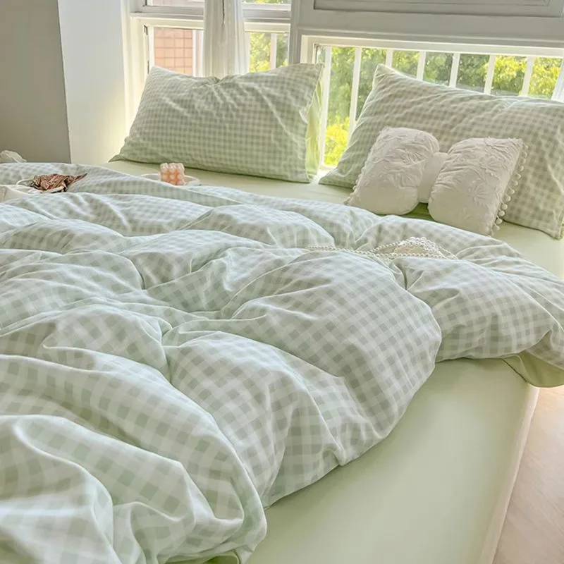 Parure de lit nordique verte à carreaux pour filles et garçons, housse de couette Double Queen Size, drap plat, taie d'oreiller, sans remplissage,: Roi / WHITE