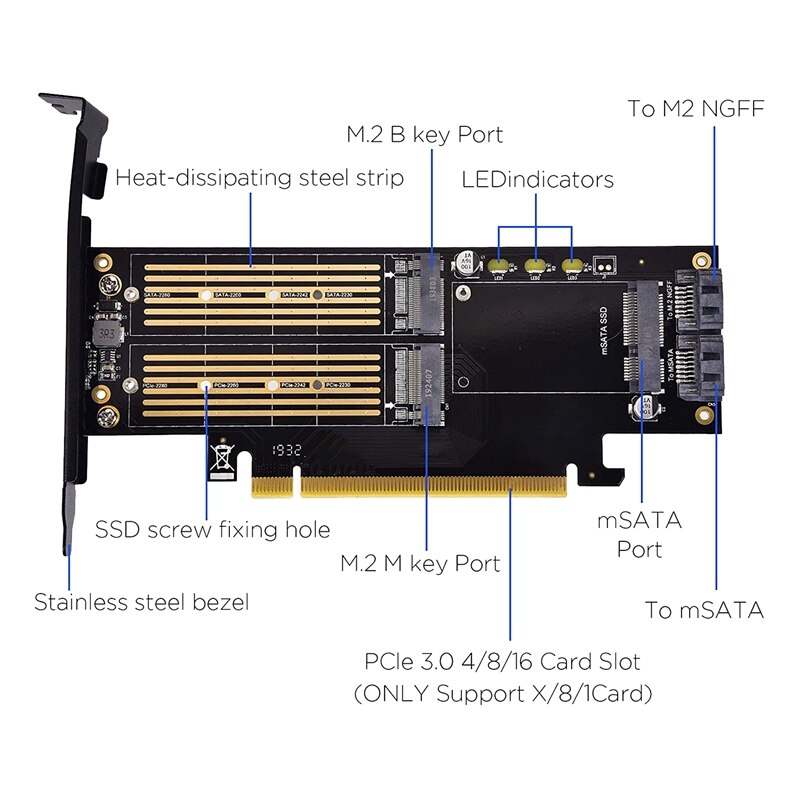 3 in 1 M.2 and MSATA SSD Adapter Card SSD to PCIE Adapter, MSATA to SATA Adapter with Aluminum Heat Sink for Windows OS