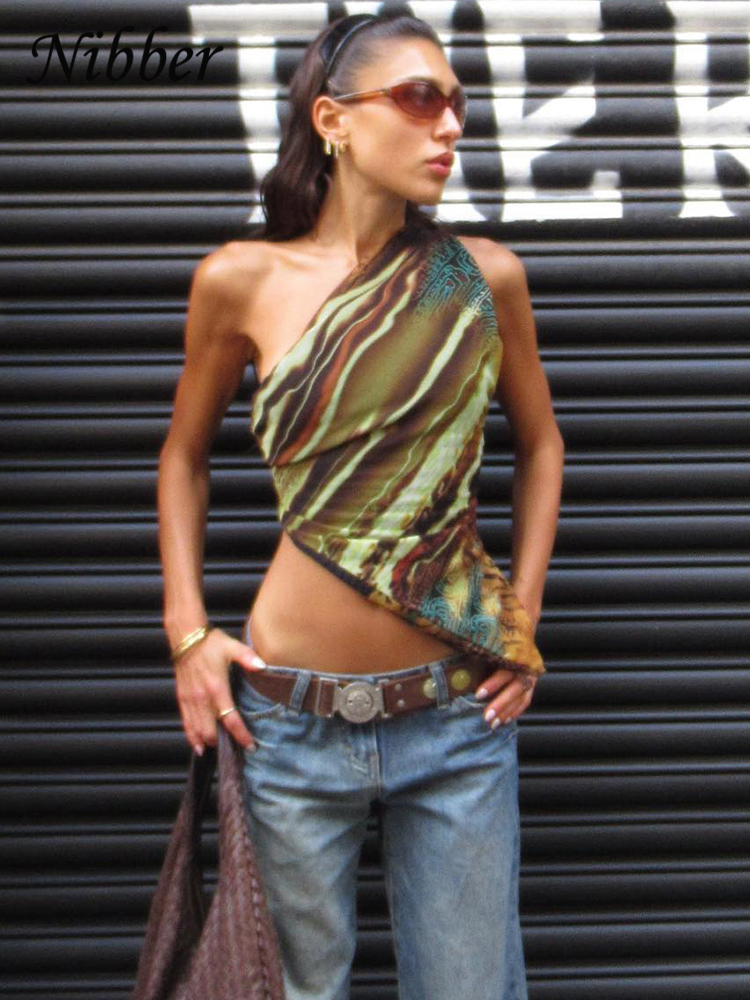 Nibber-camisetas sin mangas con estampado Irregular para mujer, chaleco Hipster moldeador de cuerpo sin mangas con hombros inclinados únicos, ropa de calle femenina