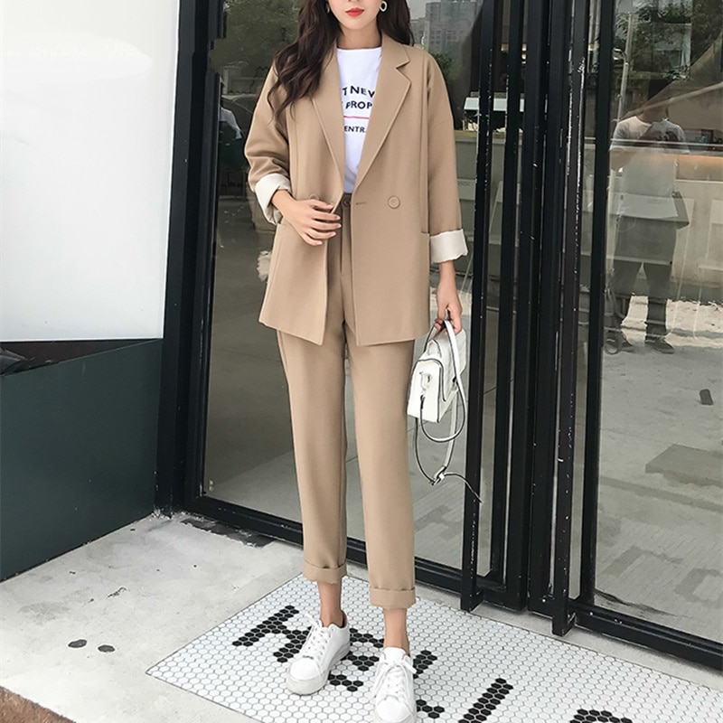 Comelsexy Autumn Winter Khaki Women Pant Suits Double Breasted Pocket Notched Blazer & Pant Office Wear Suit Female Set