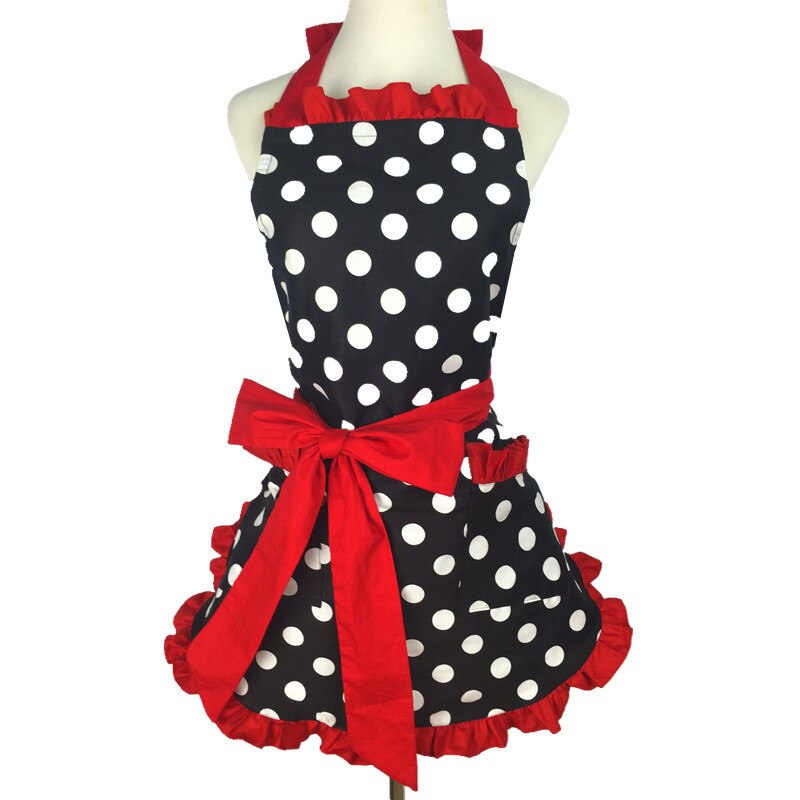 Lovely Apron For Women Kitchen Cooking Work Clothes Polka Dot Princess Bowknot Waterproof Oilproof: Red