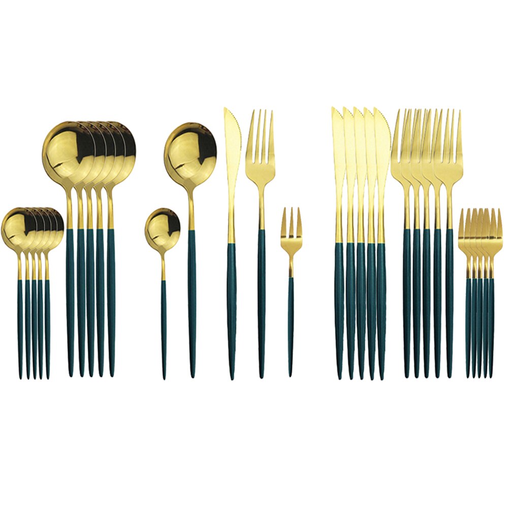 JANKNG – service de vaisselle noire, 30 pièces, fourchette à gâteau aux fruits, couteau en acier inoxydable, argenterie, couverts miroirs, service de table: Green Gold