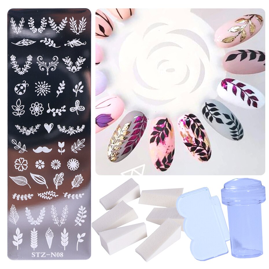 Pochoir pour ongles en dentelle, motifs de fleurs, papillons, feuilles, images d'animaux, tampons, grattoir, éponge, Kit d'outils BESTZN01-12: STZ-N08 Stamper Set