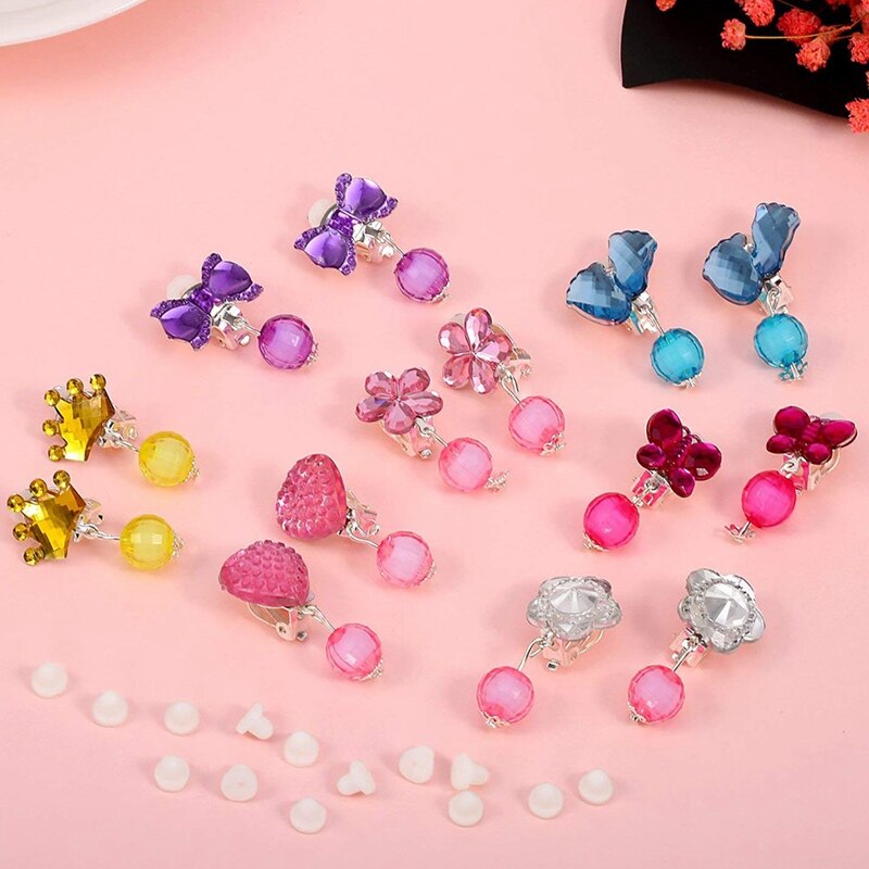 7 Pairs/Box Color Crystal Children Baby Girl Earrings Kids Pink Jelly Beads Ear Clip On Pierced Earrings Jewelry Party