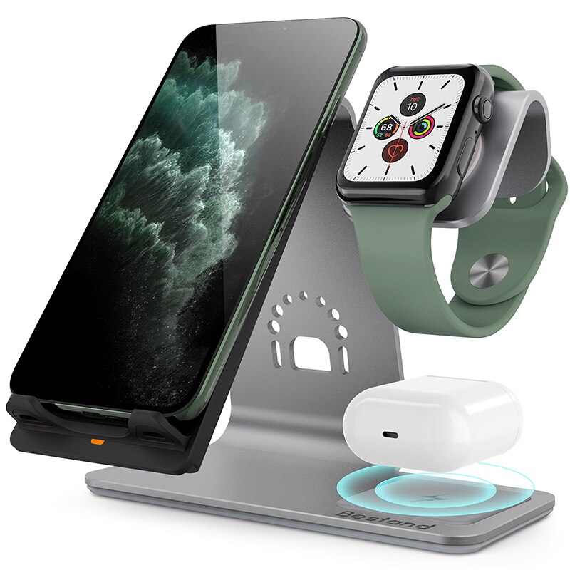 Bonola ti-mezclle 3 in1 cargador inalámbrico rápido para iPhone11/11Por/XsMax cambio inalámbrico para AirPods base de carga para iWatch4/3: Gray