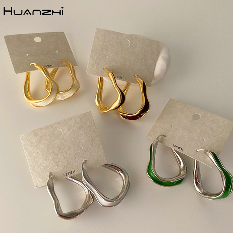Huanzhi  s925 fargerike dryppende oljebøyle øredobber metall geometrisk uregelmessig gullfarge til kvinner jenter festsmykker
