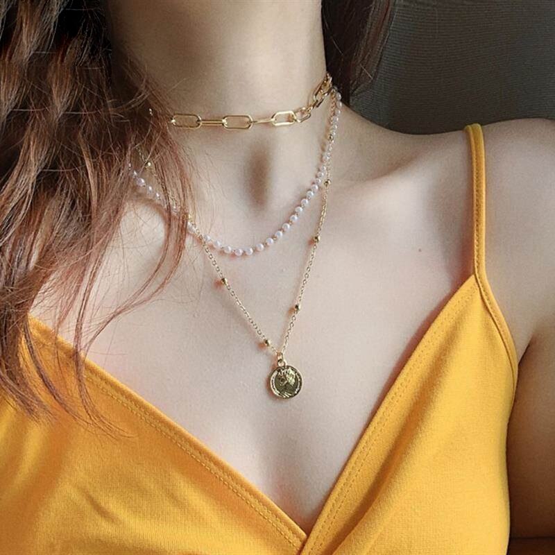 KUSS FRAU Goldene Multi-schicht Perle Perle Kette Halsketten Für Frauen Münze Porträt Anhänger Kragen Choker 2021Trend schmuck