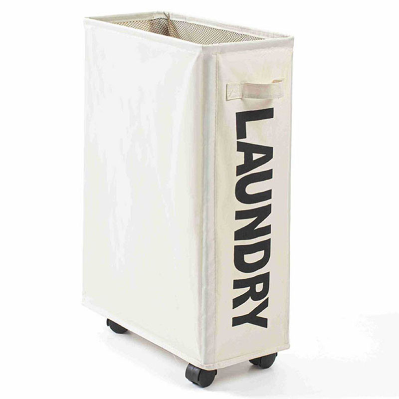 Slim Laundry Basket with Handle on Wheels Black Gray Beige Foldable Corner Storage Bins Waterproof Rolling Dirty Clothes Hamper: Beige