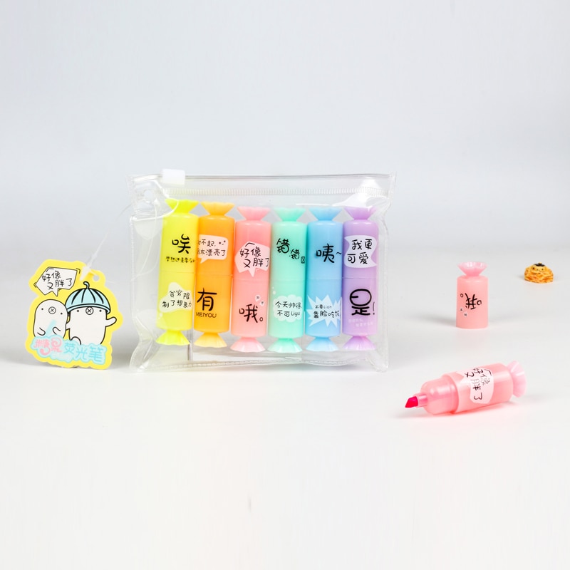 6 stk godteri fluorescerende highlighter assortert neonfarger tekstmarkør fargelegging diy til kontorskoleelever låve