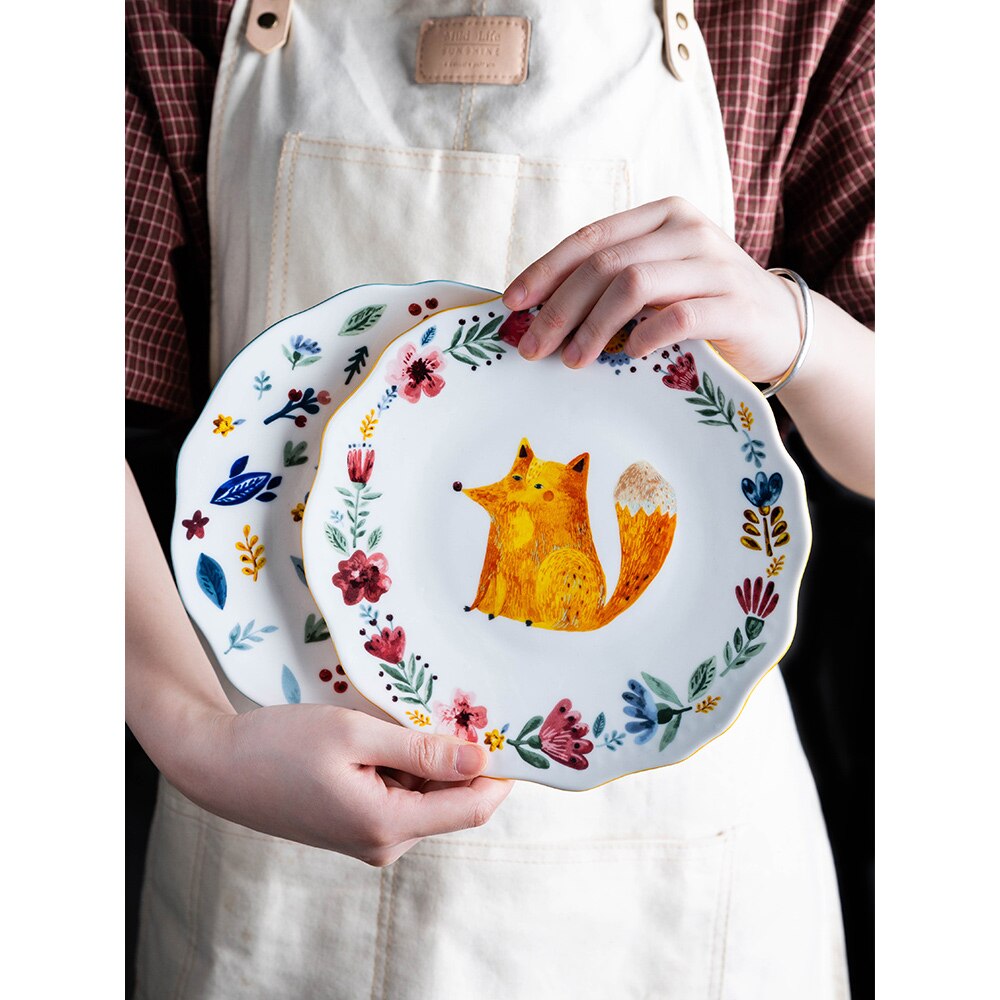 ceramic plate 8inch cute carton dishes and plates sets floral fox printed under glazed dinner plates round children dessert dish