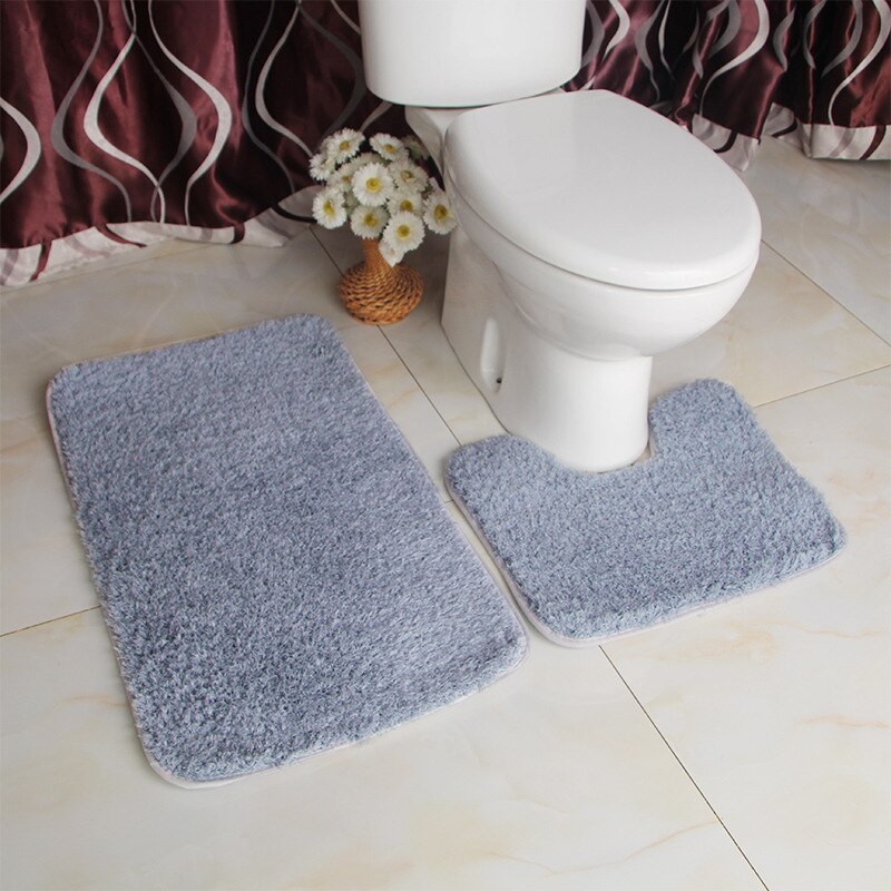 2pcs/Set Lamb Wool Mat Home Bathroom Water Absorption Non-Slip Toilet Floor Mat Plush Rugs Solid Color U-Shaped+Rectangle Carpet: Color 2