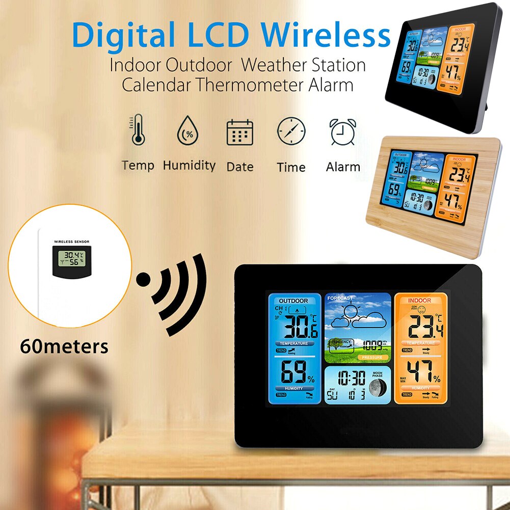 Multifunctional Digital Weather Alarm Clock LCD Wireless Calendar Thermometer Forecast Station Clock For Indoor Outdoor US Plug