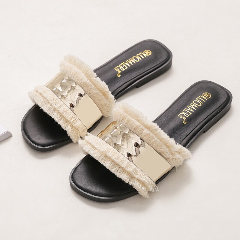 famous brand gold band tassel sandals women flats heel metal decoration slippers double layer fringe flip flops big size 259