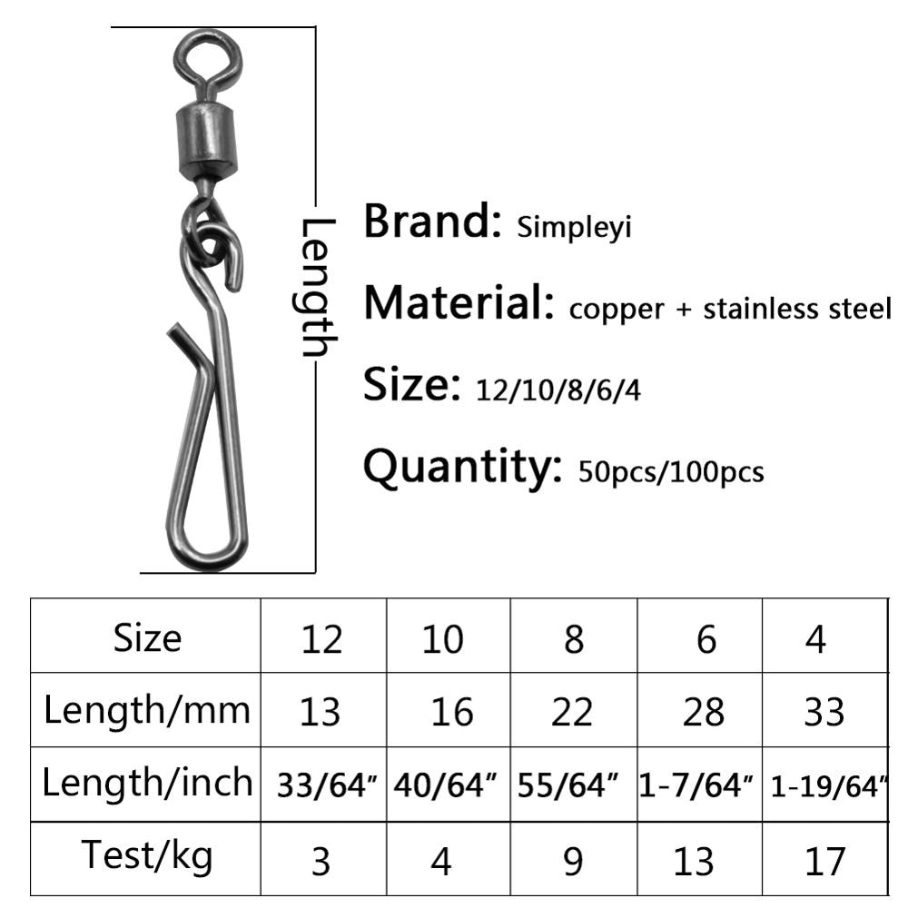 50-100pcs/box Stainless Steel Fishing Swivels Snap Interlock Rolling Swivel With Hooked Snap Hooks Fish Accessories Tool