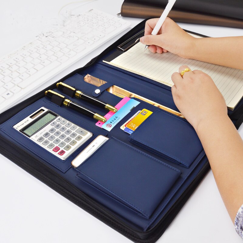 Multifunctional Business Zipped Padfolio Folder Document bag Organizer PU Leather A4 Portfolio Notepad calculator