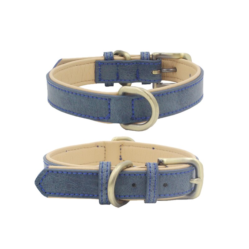 Cuero de PU cuello de perro cuello duradero para perros pequeños/medianos Bulldog cachorro de perro suministros productos accesorios de mascotas collar perro: Blue / L NECK 36-46CM