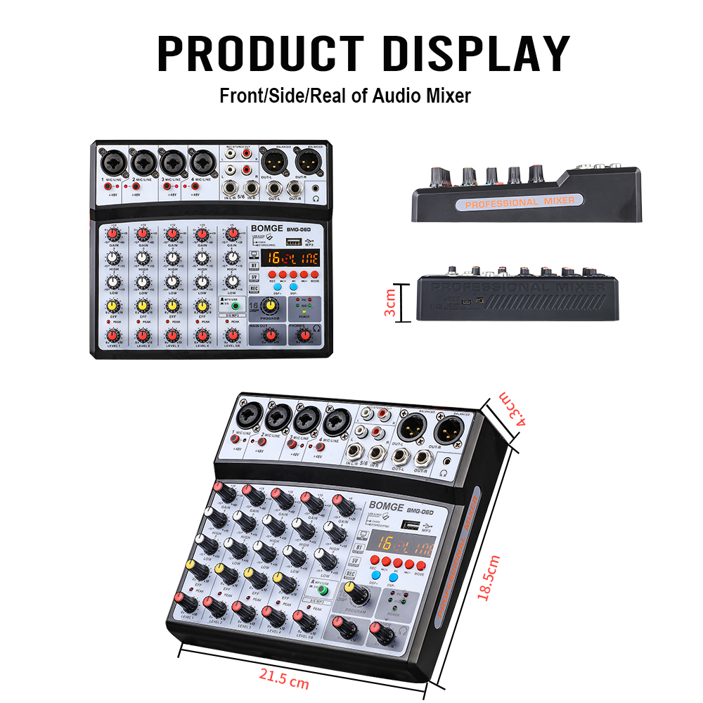 Wireless 6 Channel Audio Mixer Portable Mixing Console USB Interface Sound Card With 16 DSP Echo 48V Phantom Power