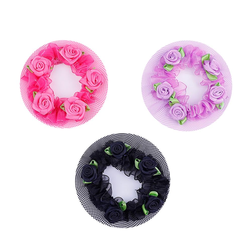 8.5cm Cute Flower Girls 2-5Pcs Bun Hair Nets Adjustable Kids 5 Colors Ballet Dance Examination Elastic Hair-net Styling Braider: mix4 3pcs