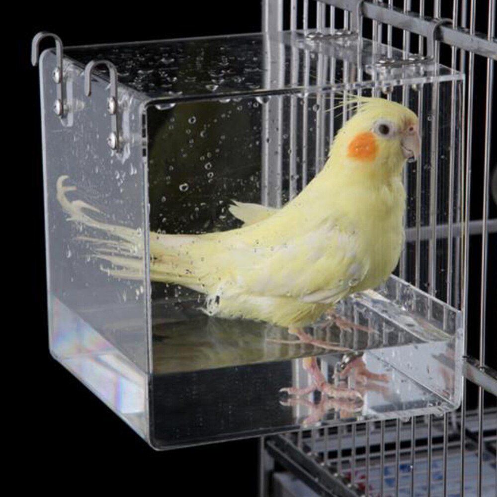 Transparent Pet Bird Bath House with Hanging Hooks for Parrots Cockatiels Parakeets Bird Bath House 13*11*1cm