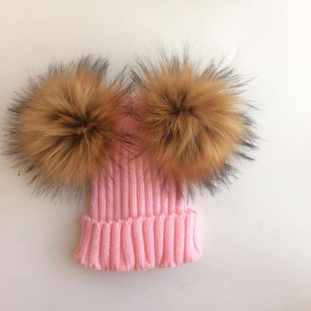 Barn vinter småbarn baby barn faux pälsmössa mössa mössa med 2 två dubbla pom poms pompom öron rolig hatt för pojkar och flickor: Rosa 2