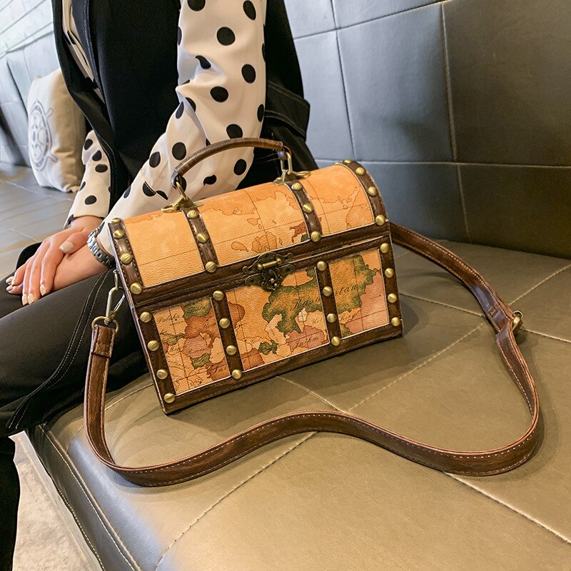 World map treasure chest Women Bags Leather Patchwork Embroidery Handbag Girl Shoulder Bags Cross Body Messenger Bag Female Tote
