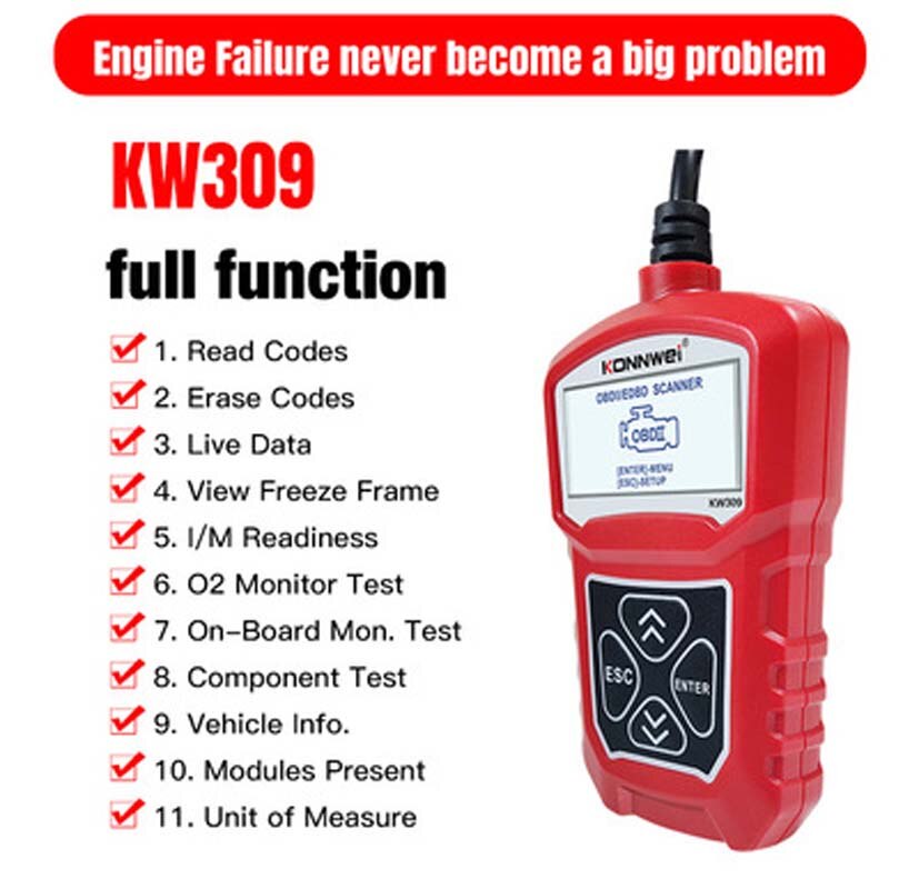 KONNWEI KW309 OBDII Auto escáner de diagnóstico de coche herramienta OBDII/2 Código lector EOBD máquina de escaneo 7 idiomas Auto OBDII escáner