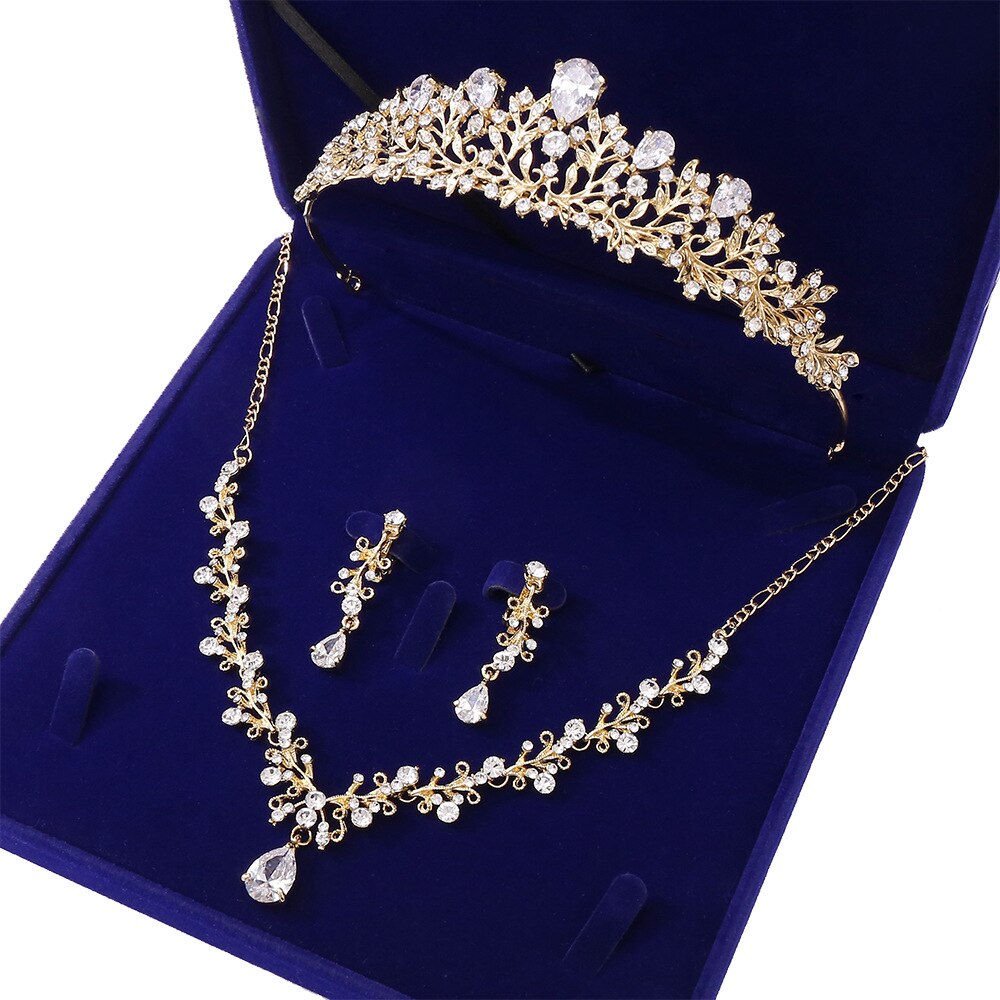 Baroque Gold Rhinestone Bridal Jewelry Sets Women Crystal Tiaras Crown Necklace Set Earrings For Bride Wedding Hair Accessories