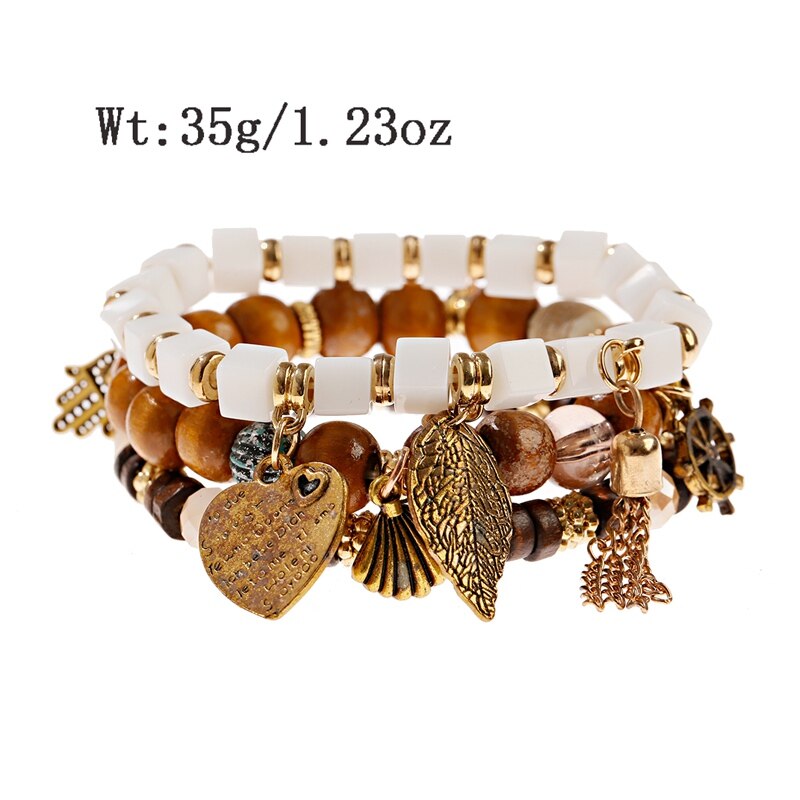 3 Teile/los Ethnische frauen Armbänder Set Pour Les Femmes Böhmen Charme Naturstein & Holz Perlen Herz Legierung Pendents armbänder