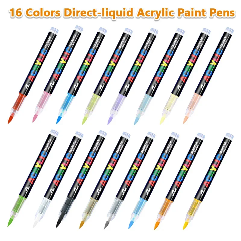 16 Colors Direct-liquid Acrylic Pens Paint Brush Marker Pen for Rock Painting Stone Ceramic Glass DIY Stationery Art Supplies