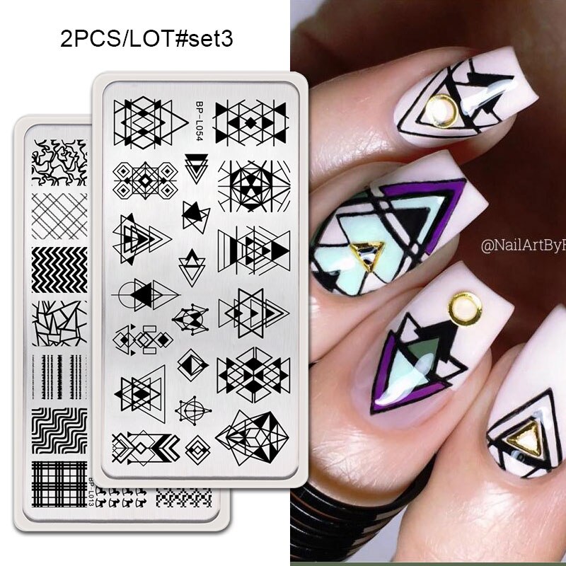 GEBOREN ZIEMLICH 2Pcs Nagel Stanzen Platten Set Rechteck Blume Geometrische Muster Nail art Bild Stempel Vorlage DIY Maniküre