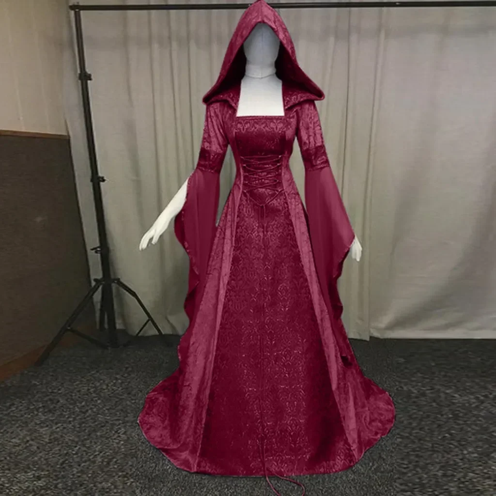 Abito da strega deluxe da donna, abito lungo con strascico medievale rinascimentale, costume da diavolo pagano per halloween, strega, abito da sposa con cappuccio
