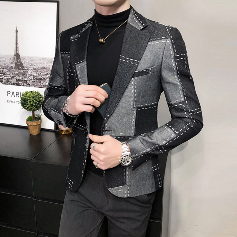 Luxury Denim Blazers Men Spring Autumn Washed Denim Casual Suit Jacket Male Korean Plaid Street Wear Slim Fit Mens Casual Blazer: Black / Asian M 48-55KG
