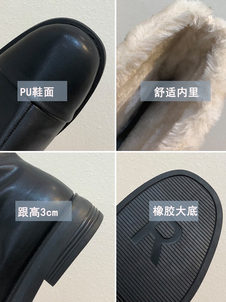 Rock Shoes-Botas de tacón medio con cremallera para mujer, calzado de invierno, botas de felpa con punta redonda de de lujo,