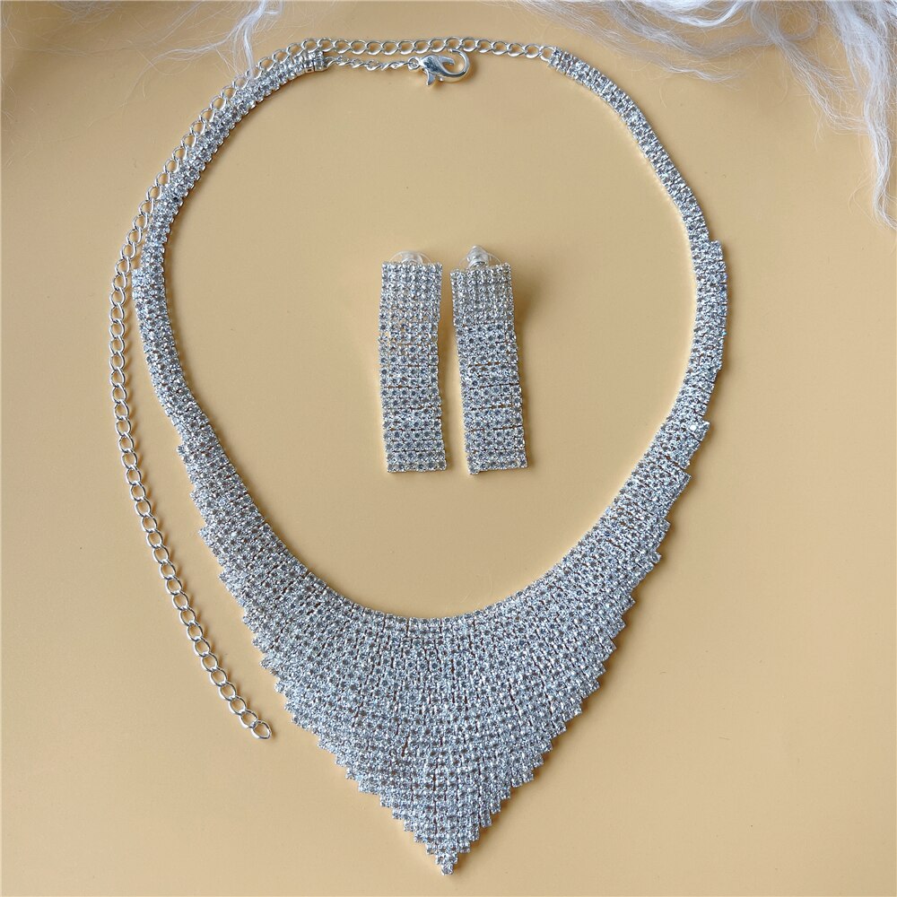 Choker Kettingen Voor Vrouwen Mode Bling Kristallen Oorbellen Koreaanse Lange Kristallen Sieraden Sets Voor Dames Party