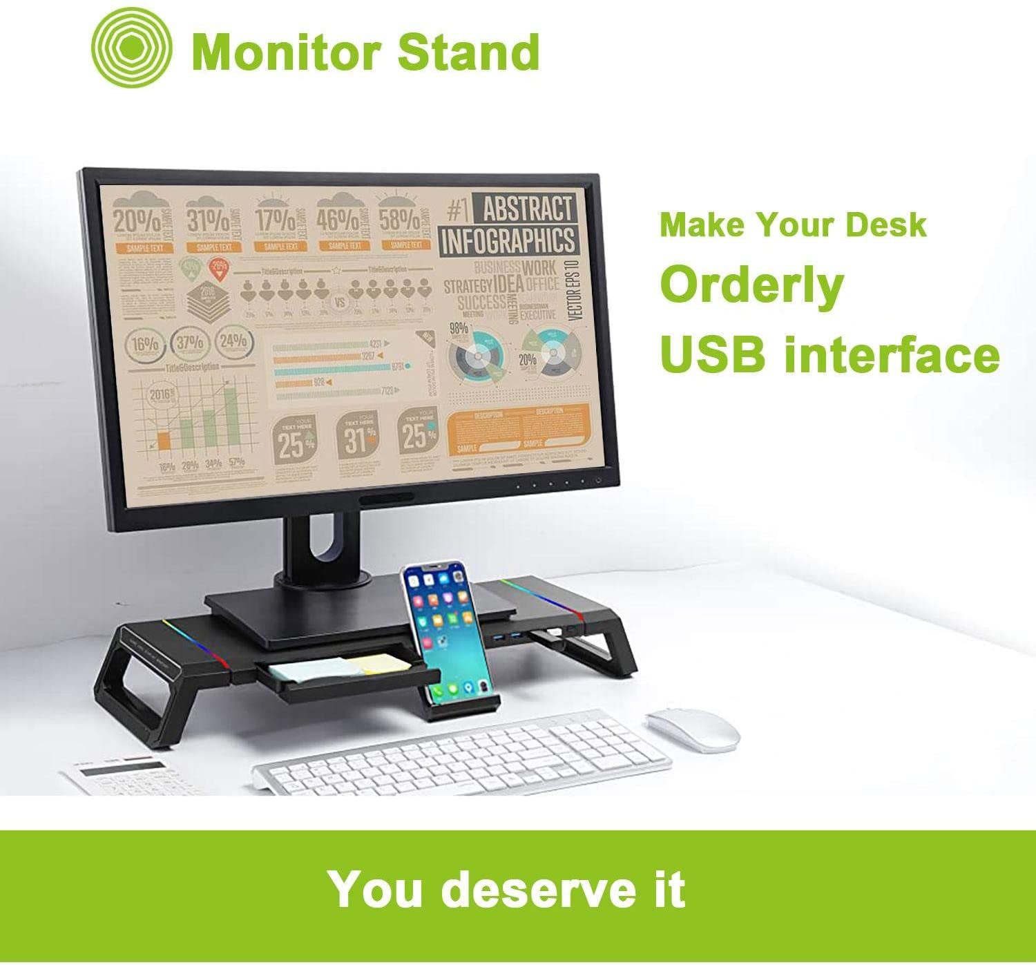 Monitor Stand Riser Foldable, RGB Computer Monitor Riser with 4Pcs USB Port, with Cell Phone Holder
