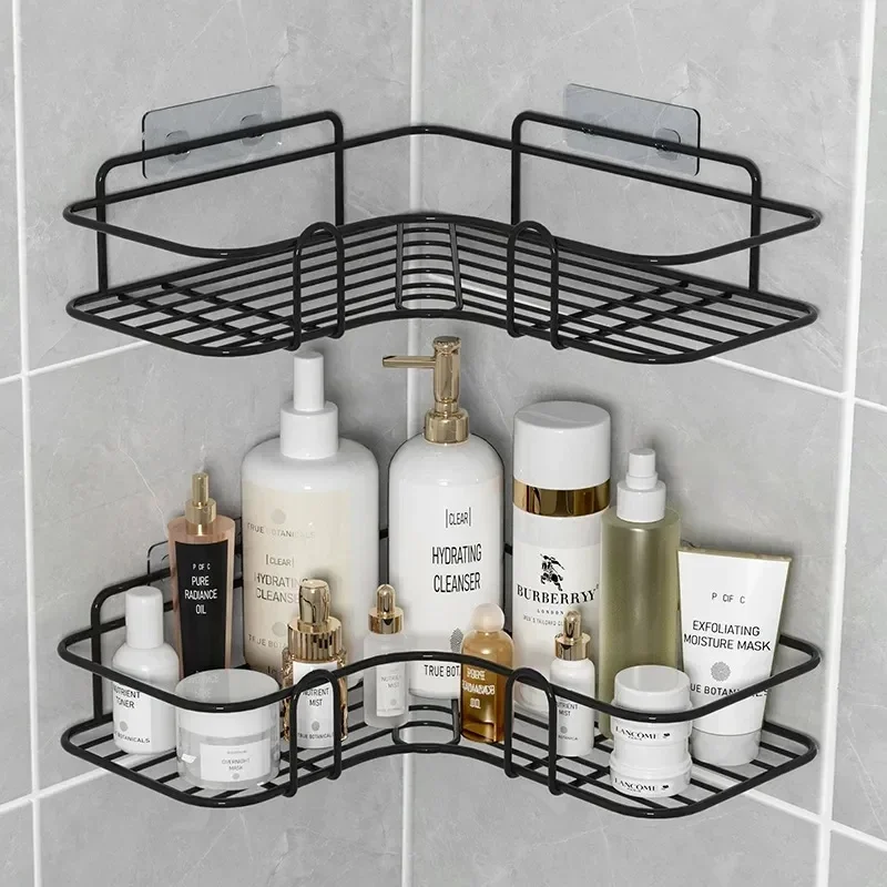 Montado na parede do banheiro prateleira de canto armazenamento ferro chuveiro dreno cesta cosméticos rack shampoo titular organizador do banheiro prateleiras parede