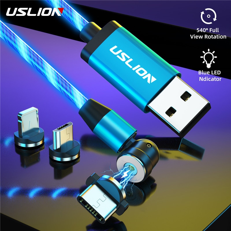 USLION Neue 540 ° Magnetische USB Kabel Stromer LED Ladung Typ C Kabel Ladegerät Mikro magnetisch Telefon USB Kabel Für iPhone Samsung