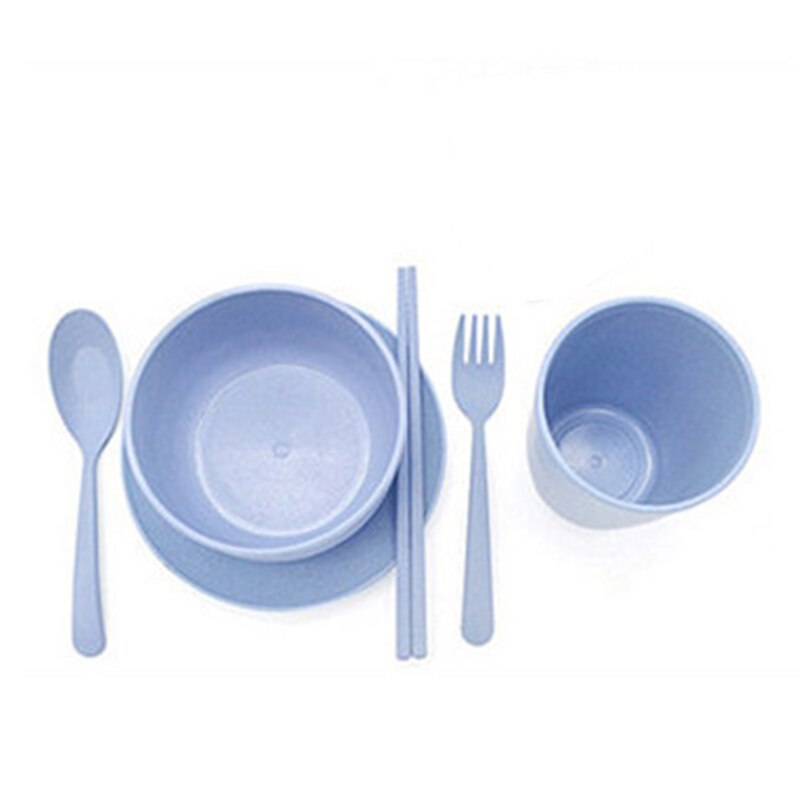 6Pcs/set Baby Feeding Dishes Wheat Straw Eco-friendly Dinnerware With Bowl Cup Plate Kids Spoon Fork Chopstick Tableware MBG0553: Blue
