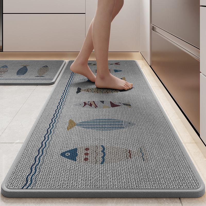 Tapis de cuisine en lin absorbant l'eau et l'huile, Polymères de sol longs, Anti-alde, Anti-chute, Entrée de portes, Coussin de pied: 500mm x 1000mm / Black