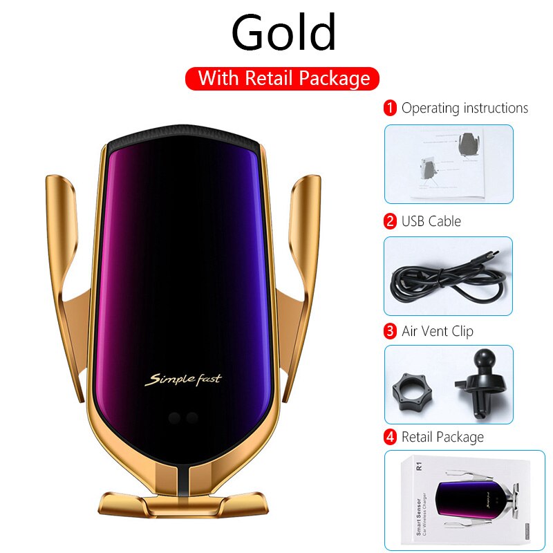 Qi Draadloze Oplader Auto Snel Opladen Beugel voor iPhone X Xs Max XR Samsung S9 S10 Note 8 9 Infrarood sensing Automatische Clip: With Box Gold