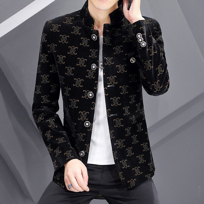 Sztruks garnitur mężczyzna osobowość koreański, Slim Fit 2021 nowa drukowana garnitur Casual stanąć kołnierz mężczyzna marynarka w stylu Vintage Blazers Para Hombre: Coffee / Korean M
