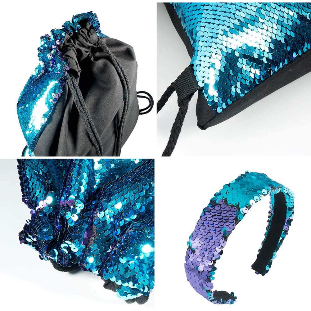 Omkeerbare Lovertjes Koord Rugzak Met Hoofdband Glitter Rugzak Met Mermaid Hoofdband School Gym Tasje Rugzak