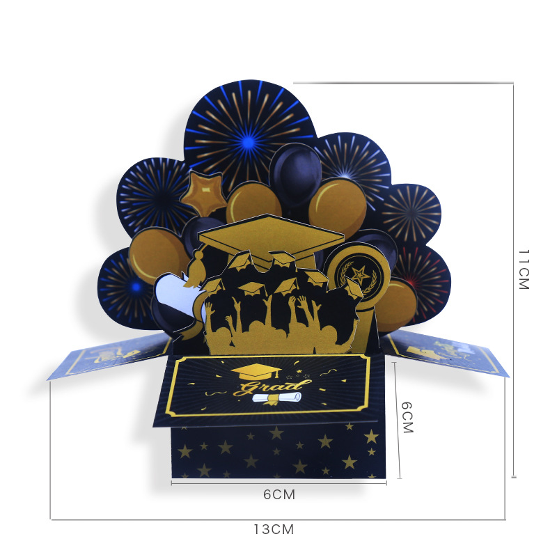 Black Gold 3D Graduation Box Decoration Souvenir Paper Pop-up Greeting Card With Envelope For Graduation Season