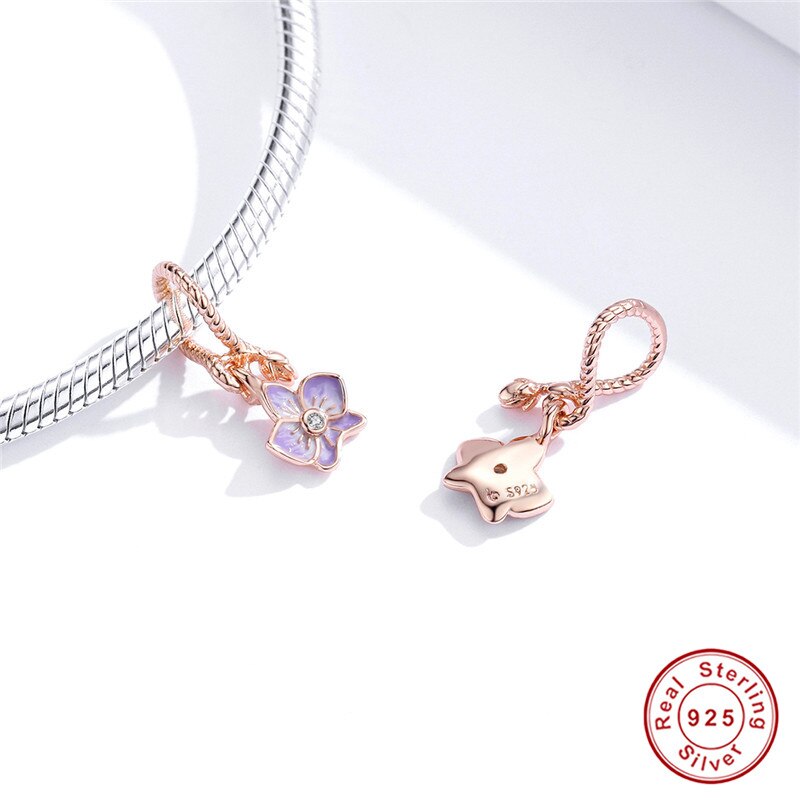 Fit Vrouwen Armband Of Ketting 100% 925 Sterling Zilveren Vlinder Orchidee Rose Gouden Hanger Diy Sieraden