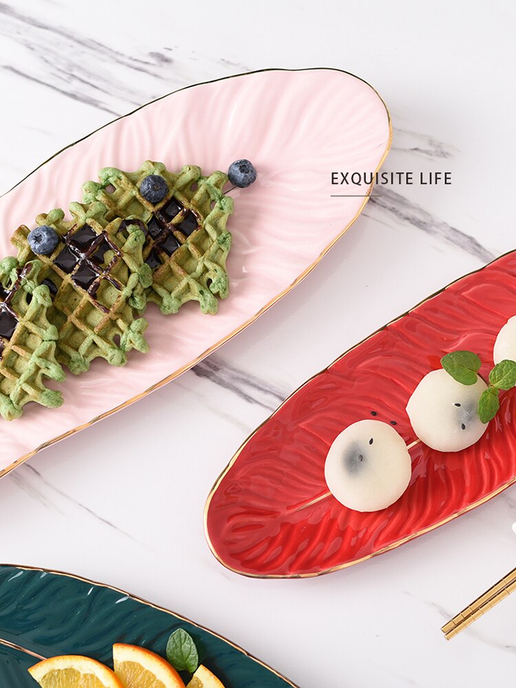 Leaf Ceramic Gold Inlay Cosmetics Jewelry Storage Tray Cake Candy Dessert Plate Key Watch Place Feather Plates Decorative Plate