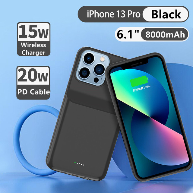 Power Bank Cover For iPhone 13 Pro Max 13 Pro 13 min Wireless Charging Battery Charger Cases 8000mAh Backup Powerbank Cases: 13 Pro  Black