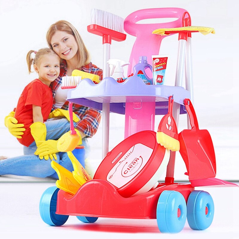 Kids Cleaning Trolley Toy Set Simulation House Cleaning Tool Playset Pretend Role Play Toy with Clean Robot