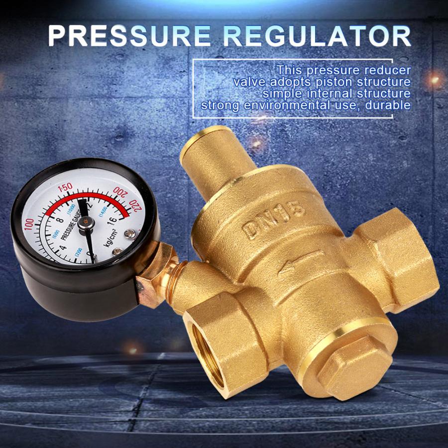 DN15 1/2 Brass Water Pressure Reducing Regulator Valve 0.05-0.8Mpa Adjustable Thread with Gauge Meter